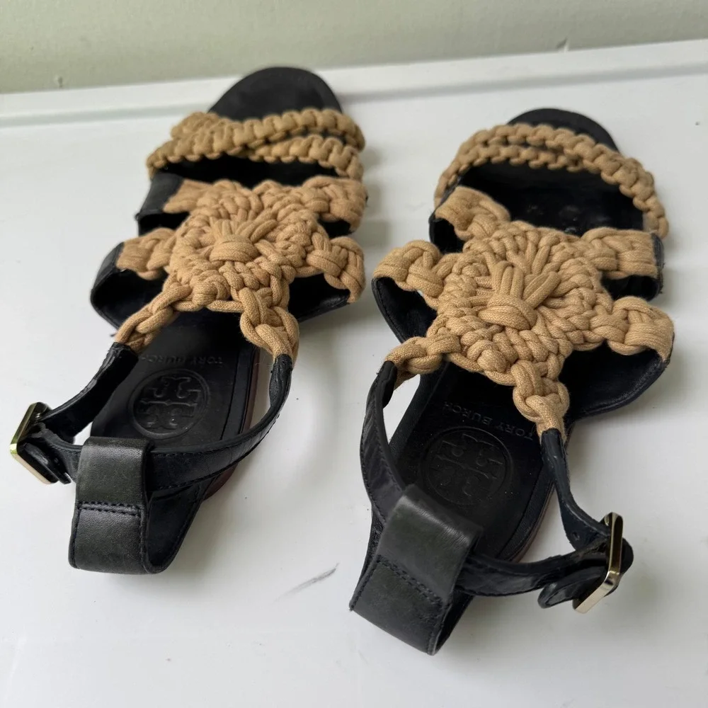 Tory Burch Sandals Macrame Leather Ankle Strap Flats Designer sz6 Leather Shoes